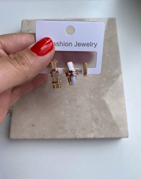 Altın Kaplama Pembe Taş Detaylı Set Küpe