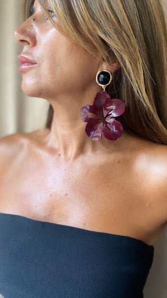 Marka Akrilik Çiçek Küpe- Bordo