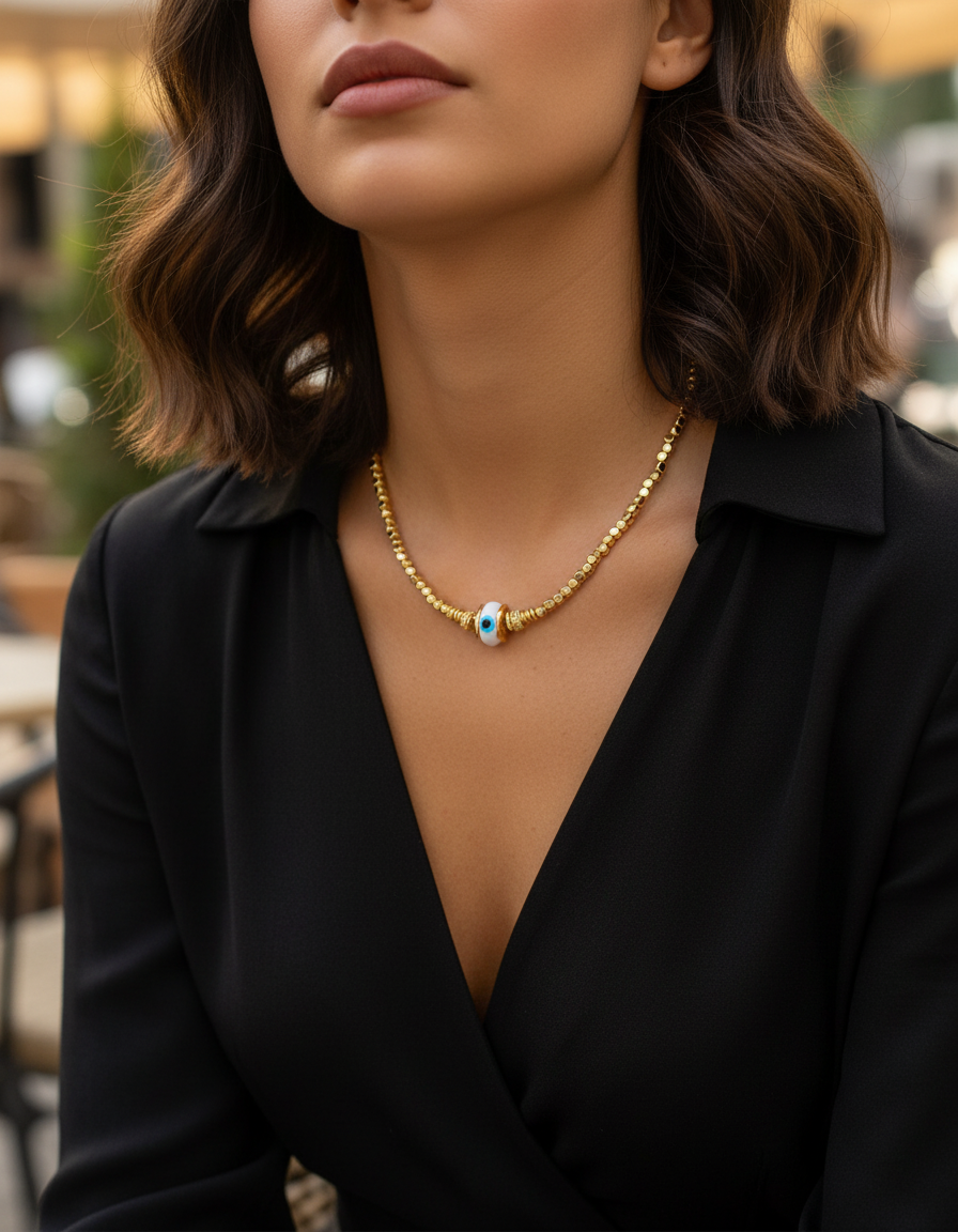 Beyaz Nazar Cam Boncuk Gold Kolye