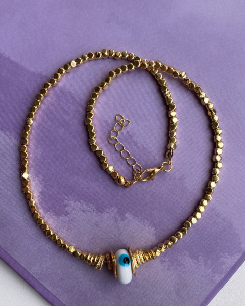Beyaz Nazar Cam Boncuk Gold Kolye