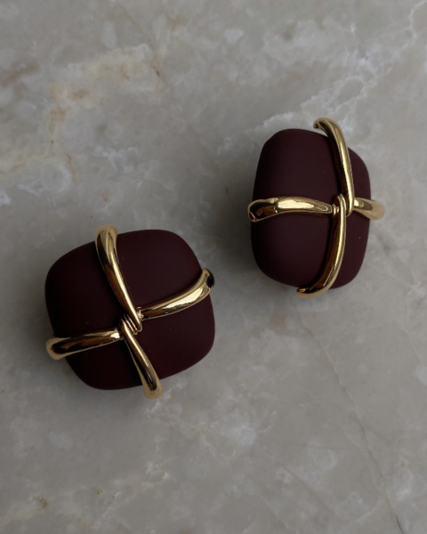 Özel Seri Bordo Gold Detaylı Kare Küpe-3cm