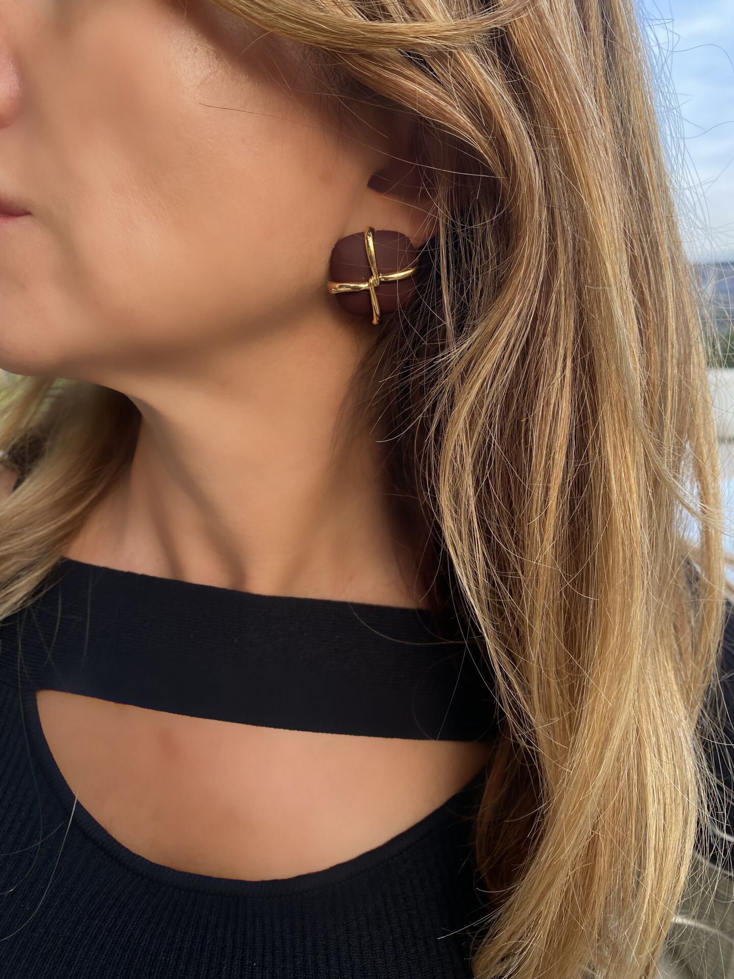 Özel Seri Bordo Gold Detaylı Kare Küpe-3cm