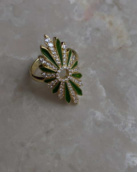 Ayarlanabilir Yeşil Mineli Çiçek Yüzük