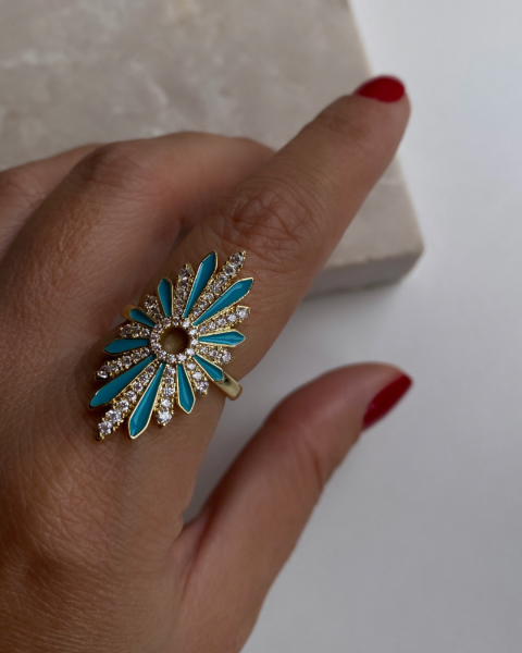 Ayarlanabilir Mavi Mineli Çiçek Yüzük