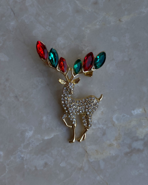 Yeni Yıl Kırmızı Yeşil Taşlı Geyik Broş