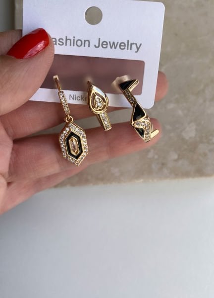 Altın Kaplama Siyah Detaylı Set Küpe
