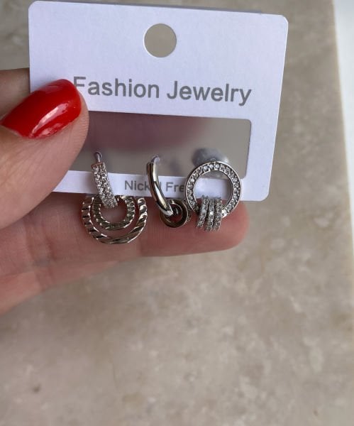 Altın Kaplama Halka Detaylı Set Küpe-Silver