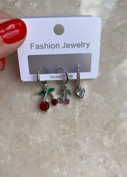 Altın Kaplama Kiraz Set Küpe-Silver