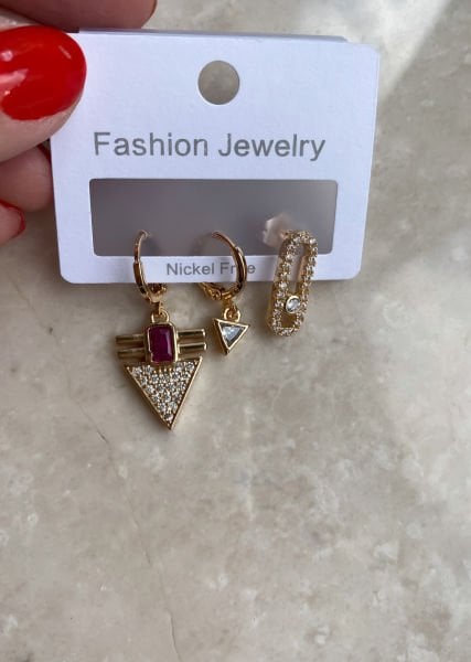 Altın Kaplama Pembe Taşlı Set Küpe