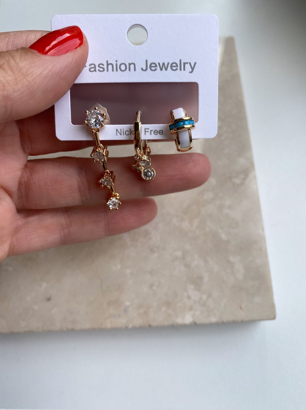 Altın Kaplama Mavi Detaylı Taşlı Set Küpe