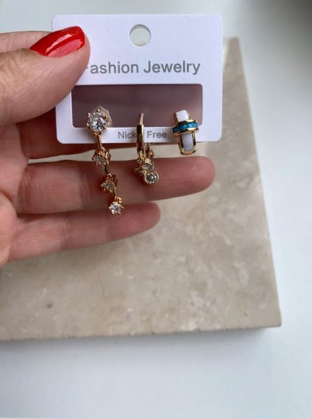 Altın Kaplama Mavi Detaylı Taşlı Set Küpe