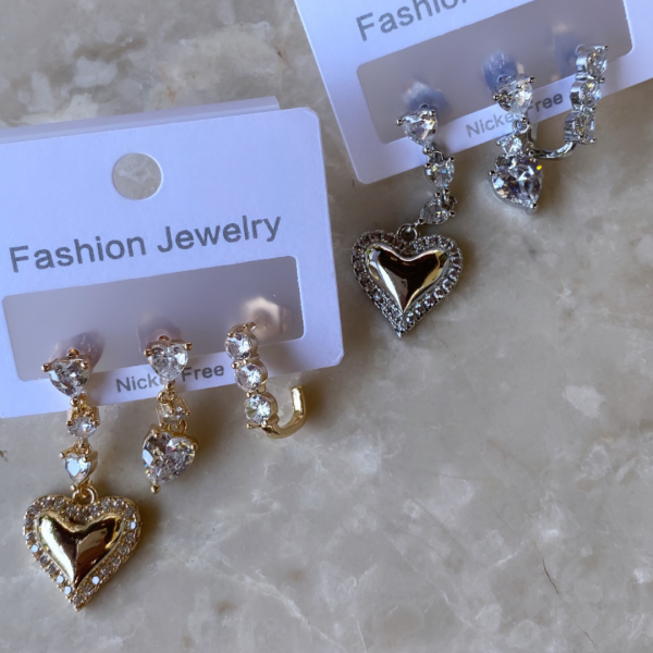 Altın Kaplama Taşlı Set Kalp Küpe