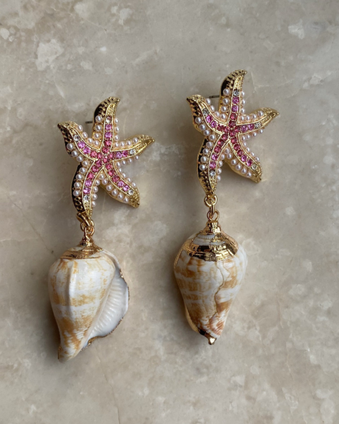 Pembe Taşlı Deniz Kabuğu Küpe