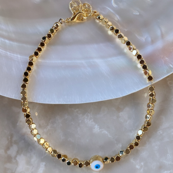 Beyaz Nazar Detaylı Küp Boncuk Halhal