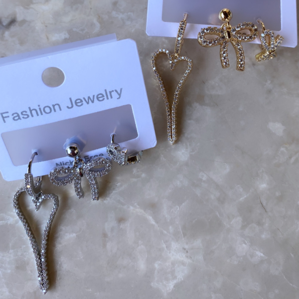 Altın Kaplama Kalp Fiyonk Set Küpe