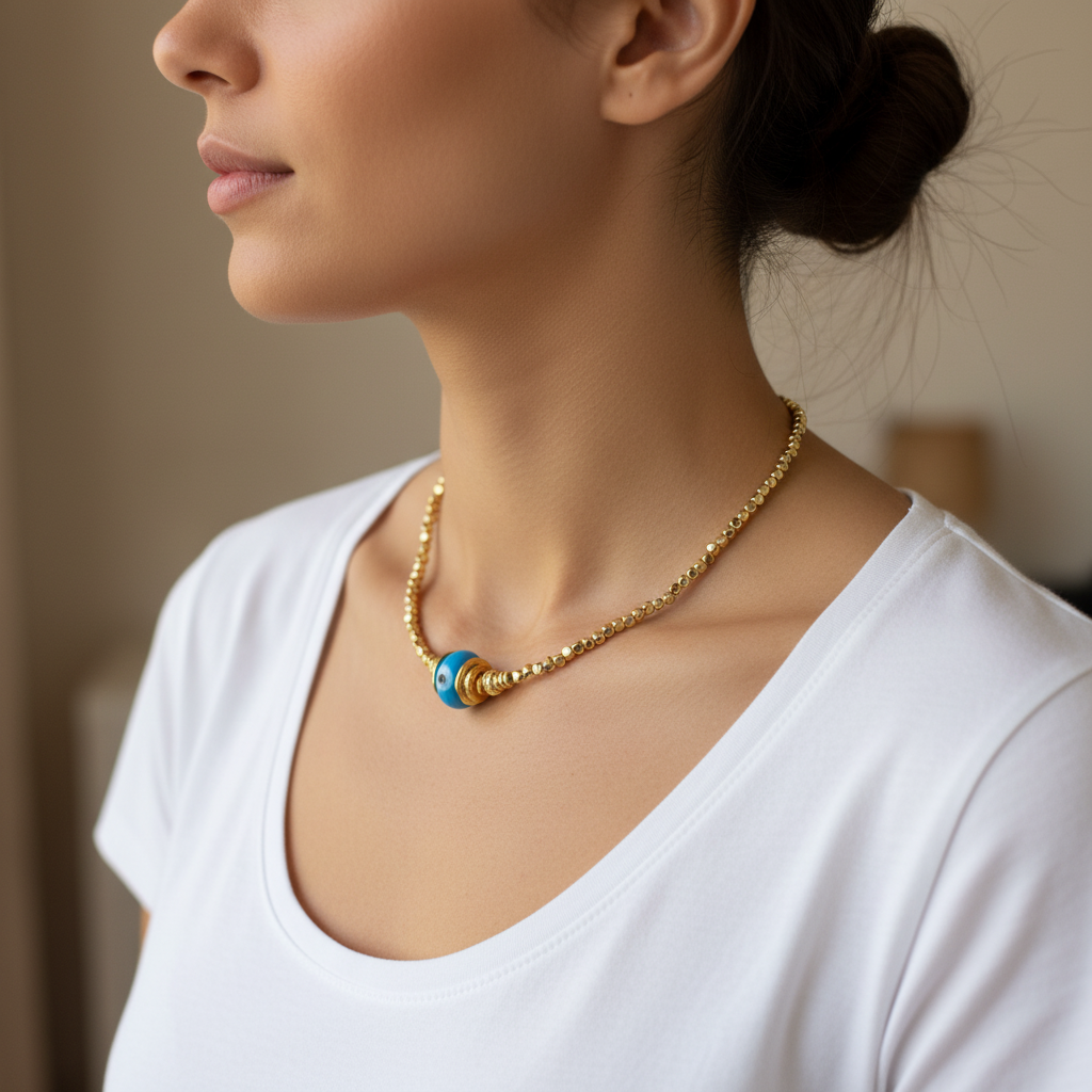 Mavi Cam Boncuk Gold Kolye