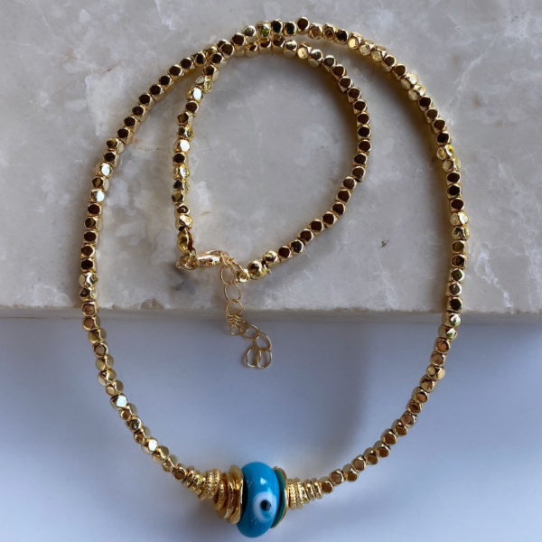 Mavi Cam Boncuk Gold Kolye