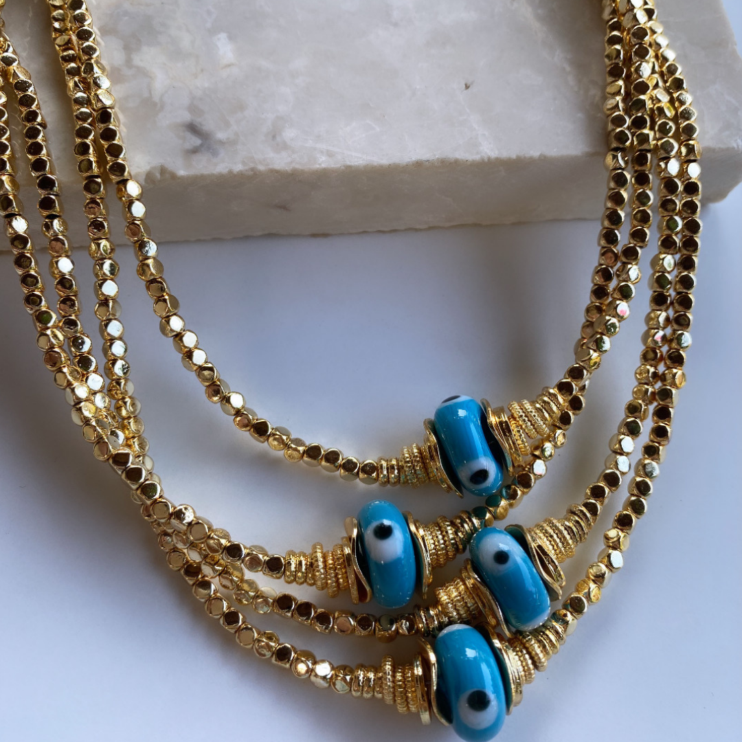 Mavi Cam Boncuk Gold Kolye