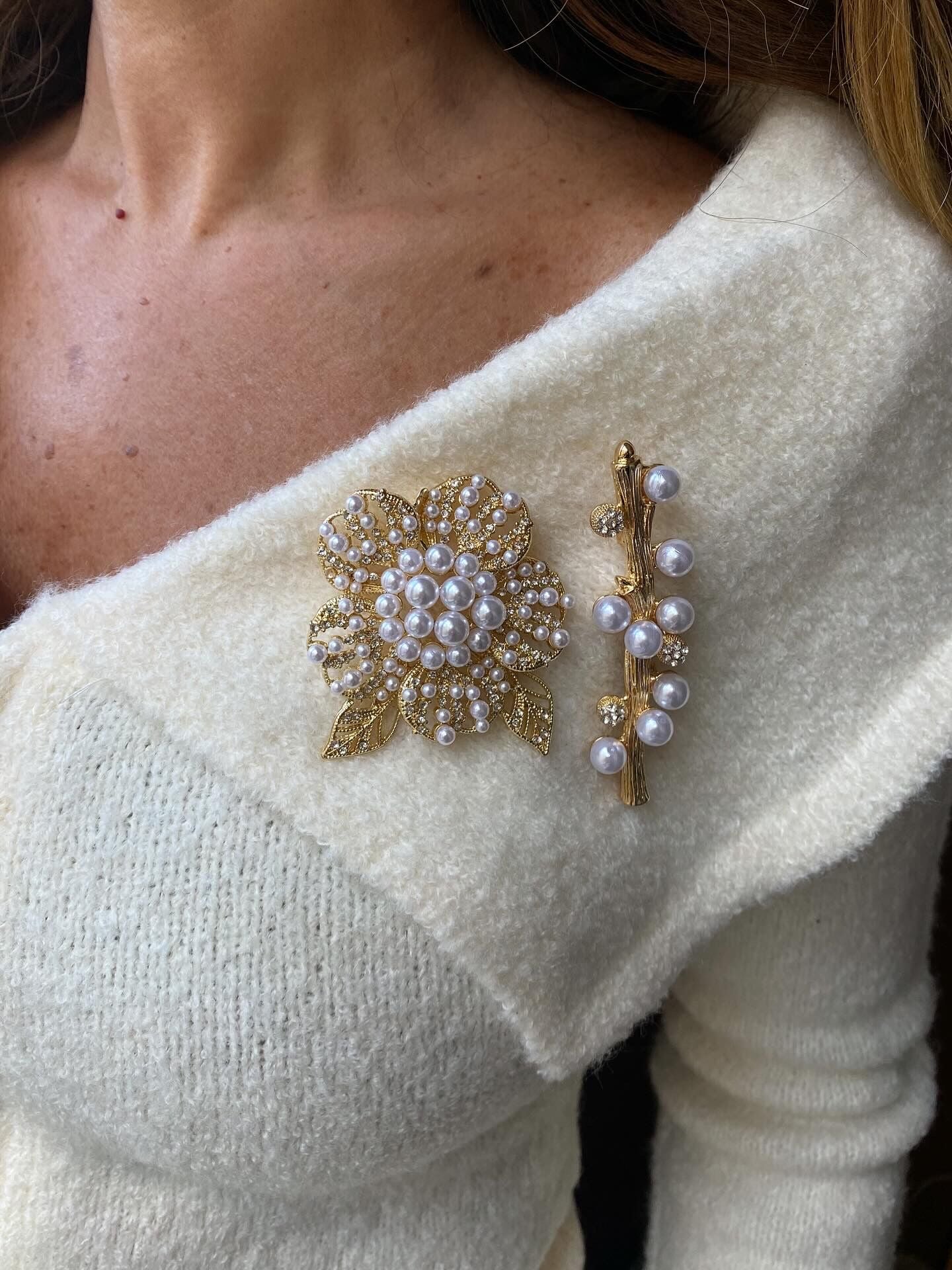 İncili Dallı Gold Broş