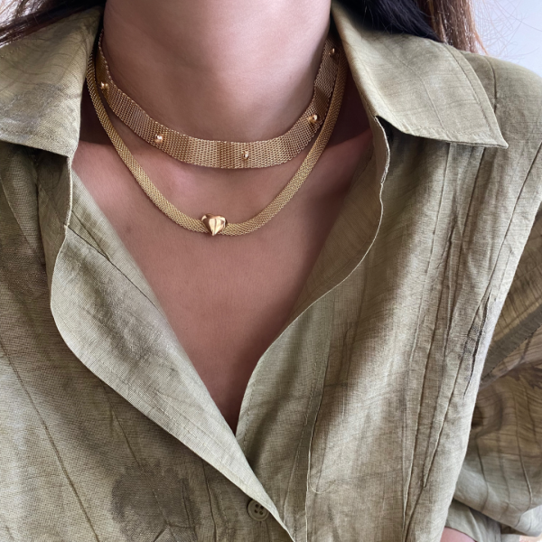 Altın Kaplama Hasır Görünümlü Top Choker Kolye