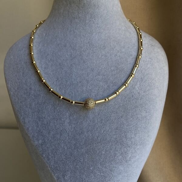 Taşlı Silindir Gold Kolye