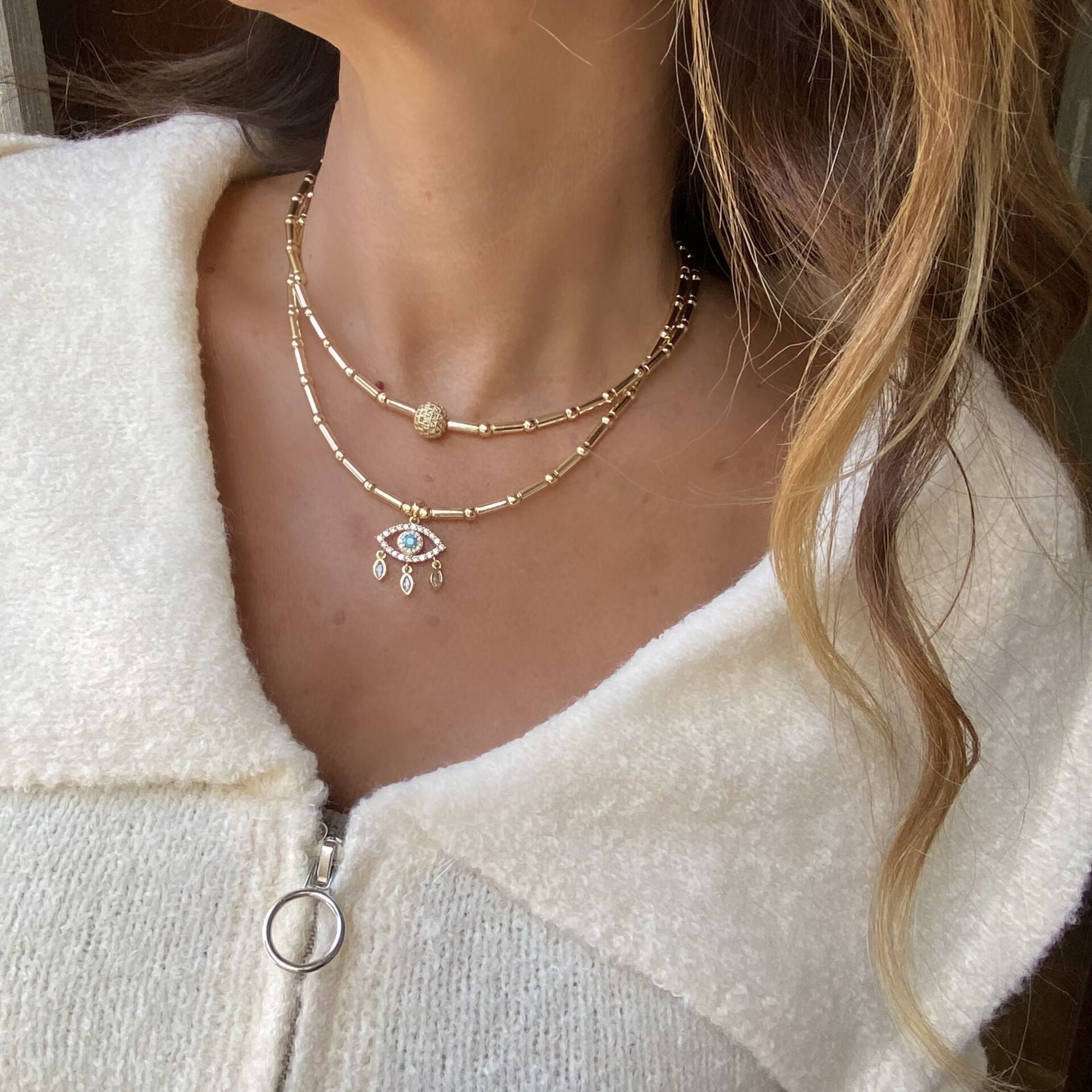 Taşlı Silindir Gold Kolye