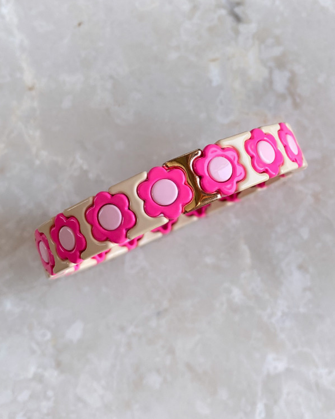 Marka Model Seramik Kaplama Ortası Pembe Çiçekli Lastikli Bileklik
