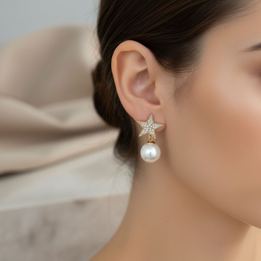 Özel Seri Taşlı İncili Yıldız Küpe