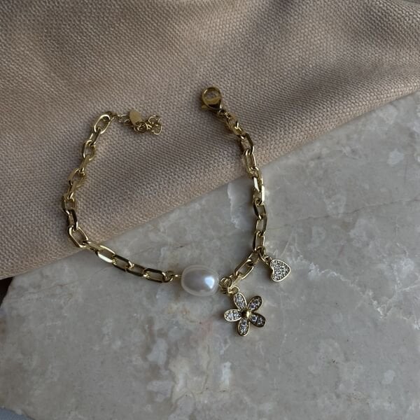 Özel Seri Taşlı Çiçekli Kalpli İnci Bileklik