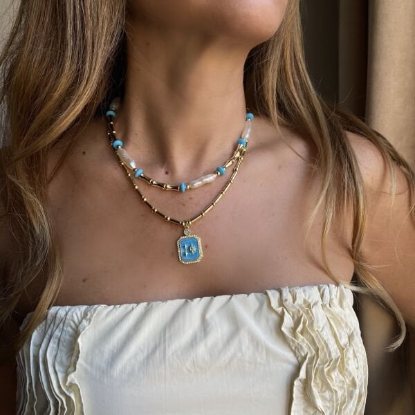 Mavi Mineli Taşlı Kutup Yıldızı Detaylı Kolye