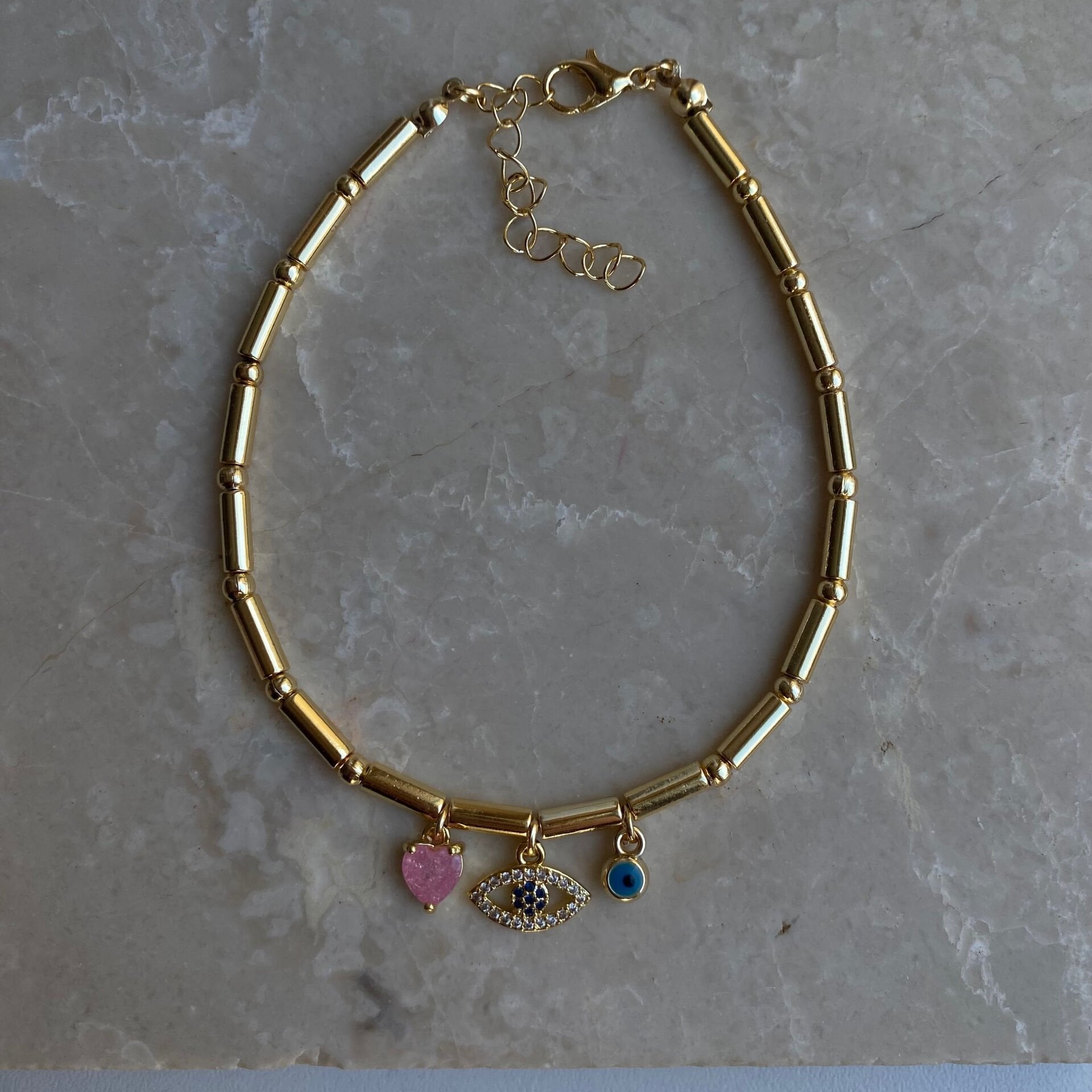 Taşlı Göz Pembe Kalp Charmlı Halhal