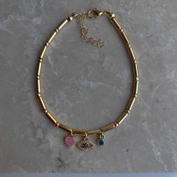 Taşlı Göz Pembe Kalp Charmlı Halhal