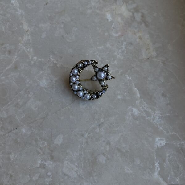 İncili Ay Yıldız Broş