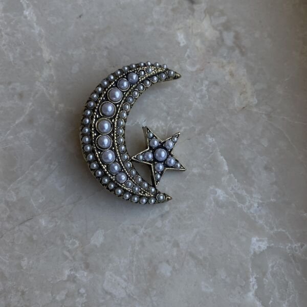 İncili Ay Yıldız Broş
