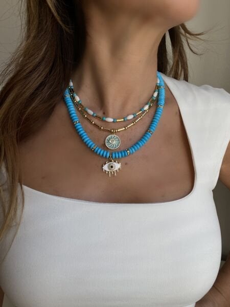 Zirkon Taşlı Beyaz Mineli Göz Kolye