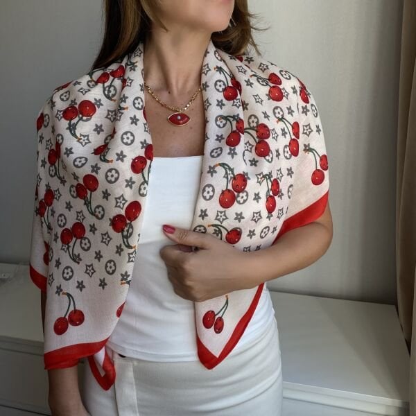 Kırmızı Kiraz Desenli Şal 90*90
