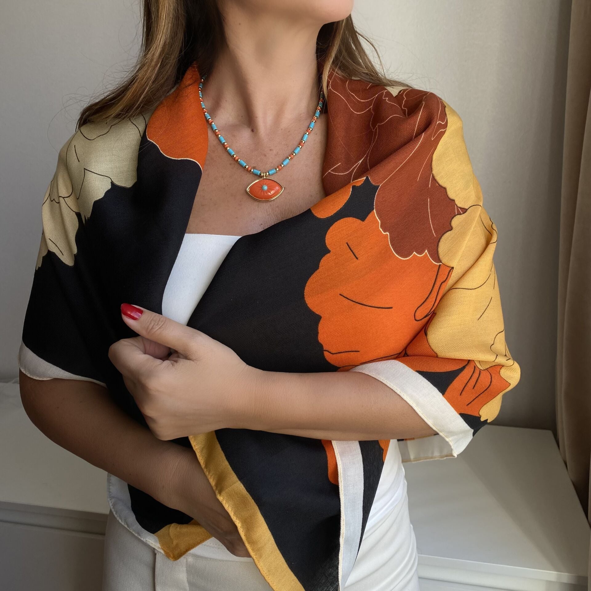 Renkli Yaprak Desenli Şal 90*90