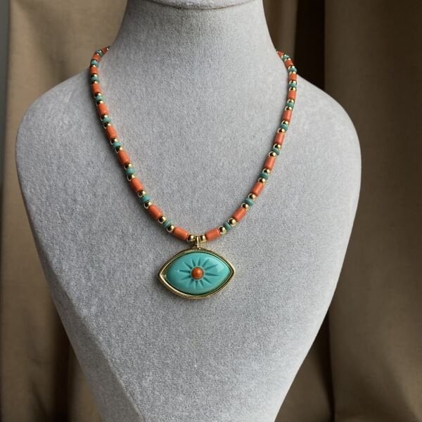 Yeşil Göz Turuncu Boncuklu Göz Kolye