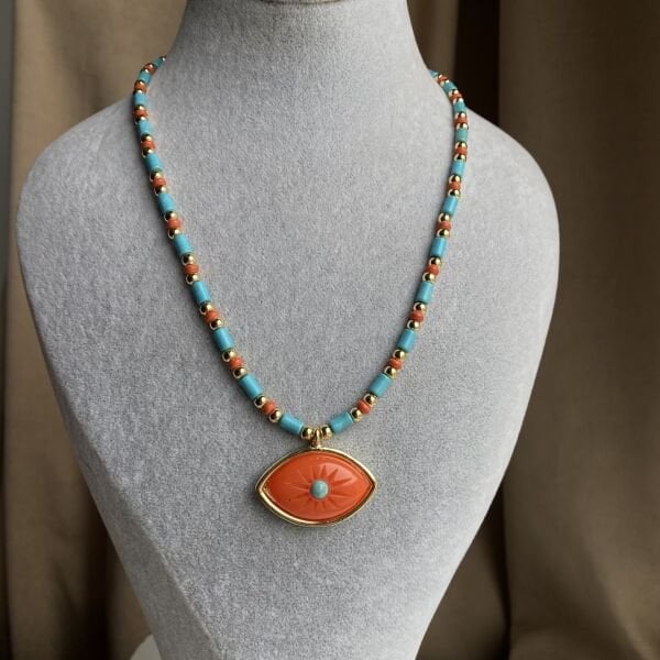 Turuncu Göz Mavi Boncuklu Kolye