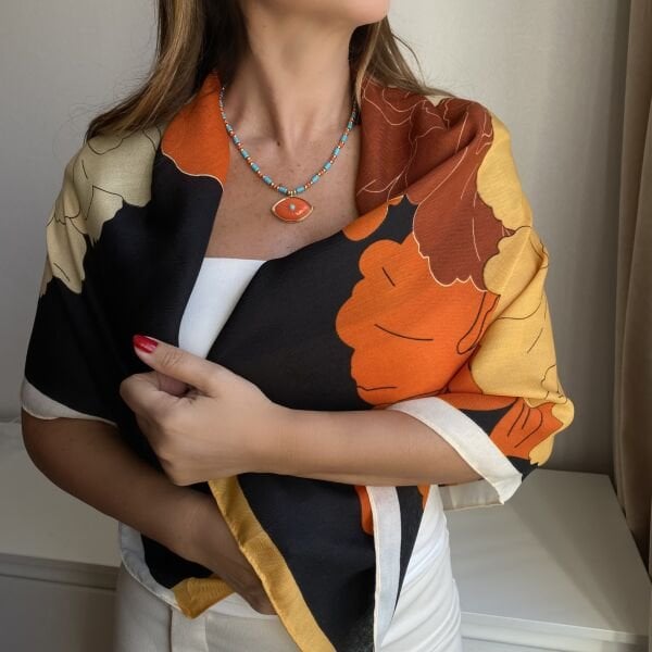 Turuncu Göz Mavi Boncuklu Kolye