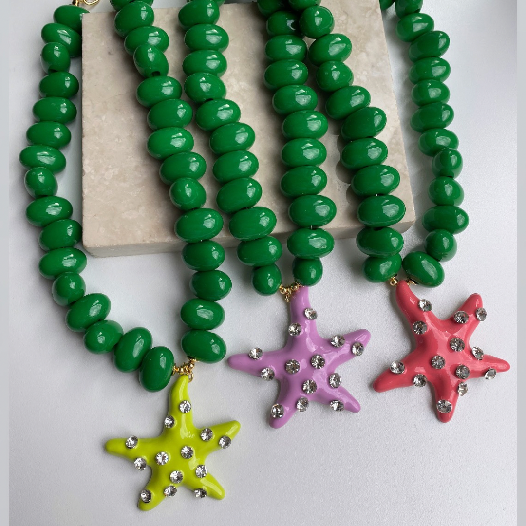 Taşlı Deniz Yıldızı Kolye -Koyu Yeşil