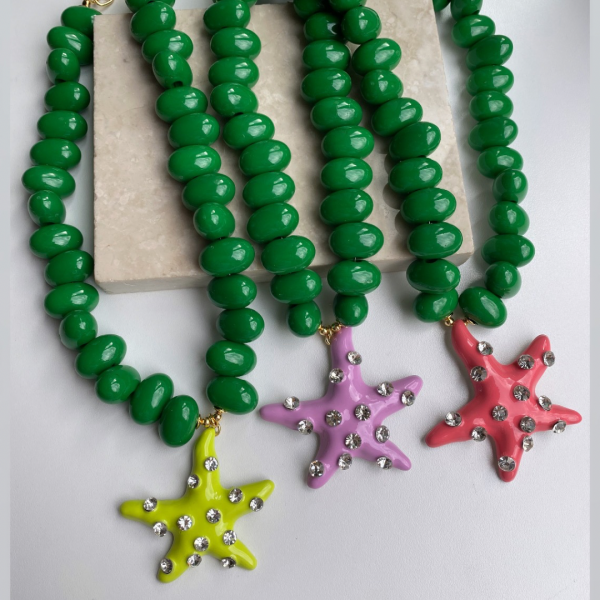 Taşlı Deniz Yıldızı Kolye -Koyu Yeşil