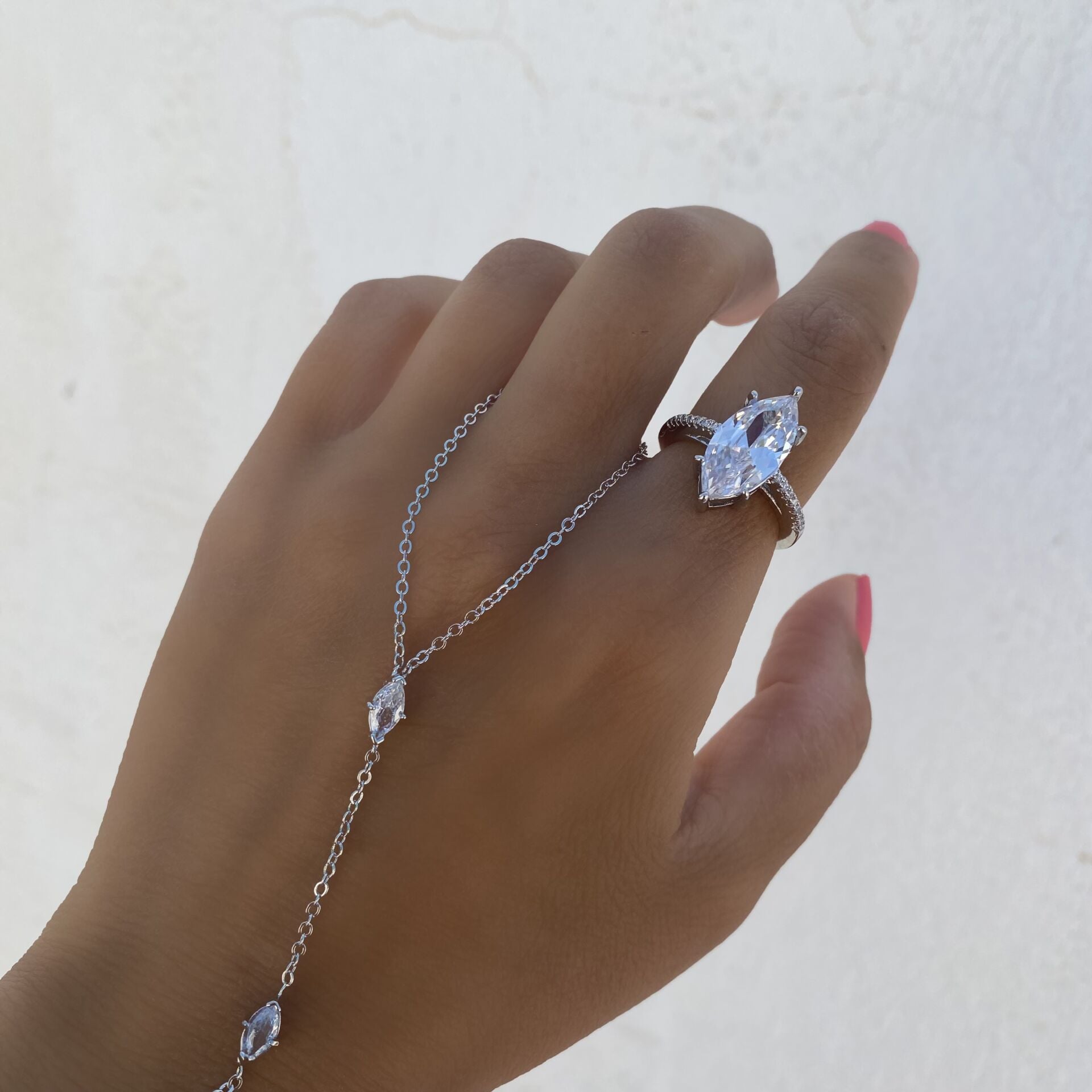 Markiz İri Taşlı Damla Yüzük- Silver- Ayarlanabilir