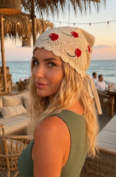 Kiraz Desenli Üçgen Bandana