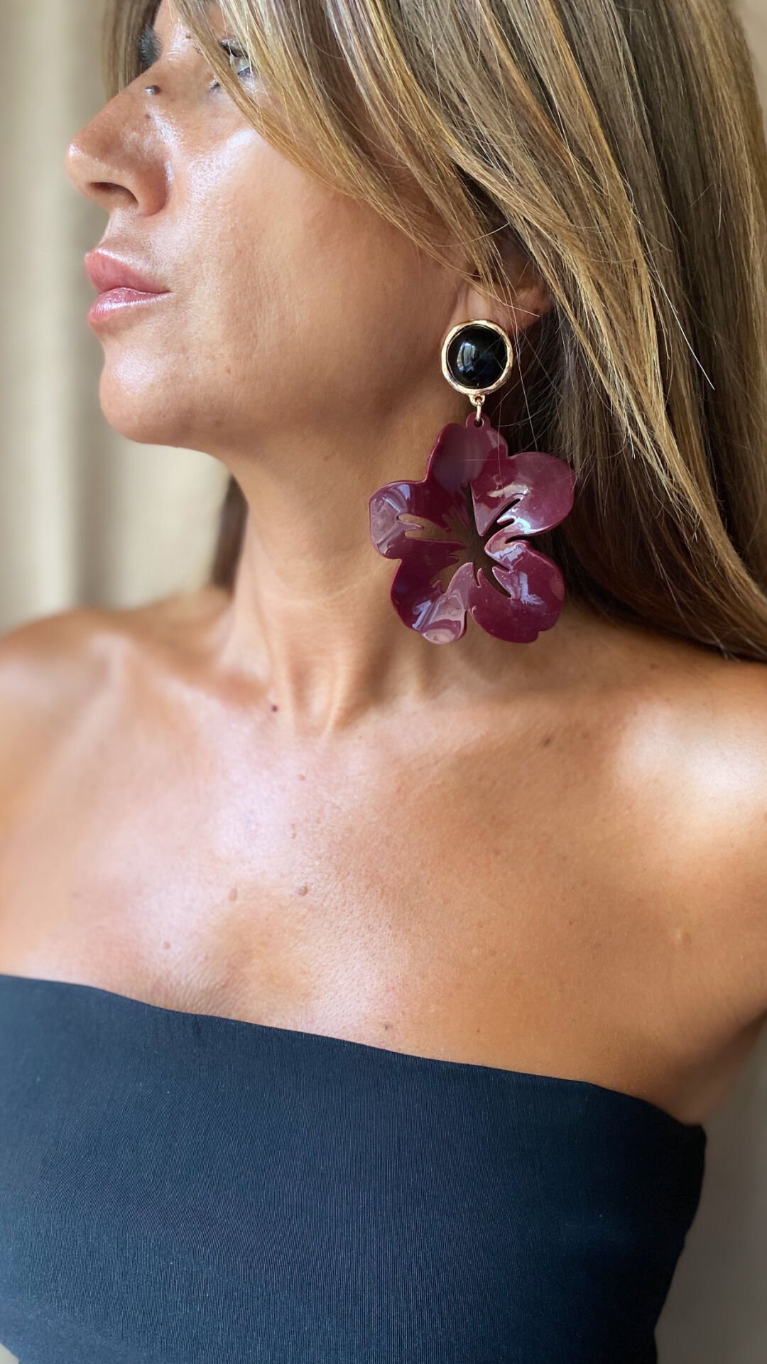 Marka Akrilik Çiçek Küpe- Bordo