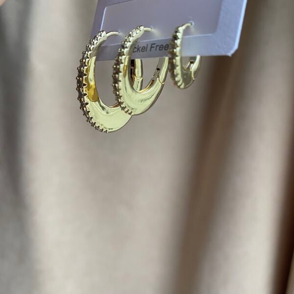 Üçlü Taşlı Oval Set Küpe