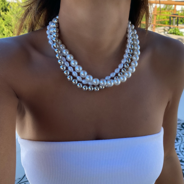 Silver Topçuk Detaylı Üçlü İnci Kolye