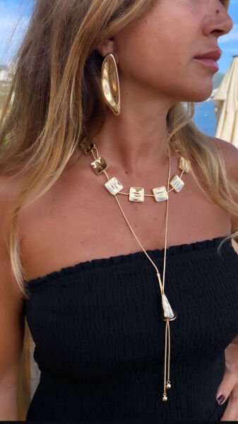 Altın Kaplama Kare Plaka Kolye-Gold