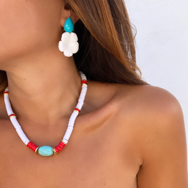 Mavi Detaylı Çiçek Küpe