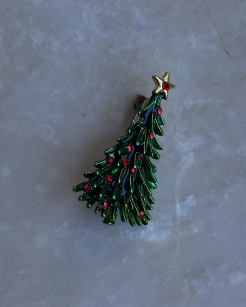 Yeni Yıl Kırmızı Taşlı Ağaç Broş